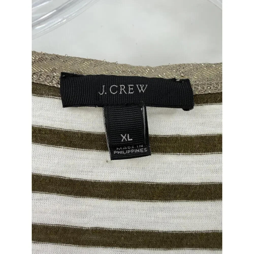 J. Crew Women’s Short Sleeve Striped Tee Olive Ivory Metallic Collar Size XL